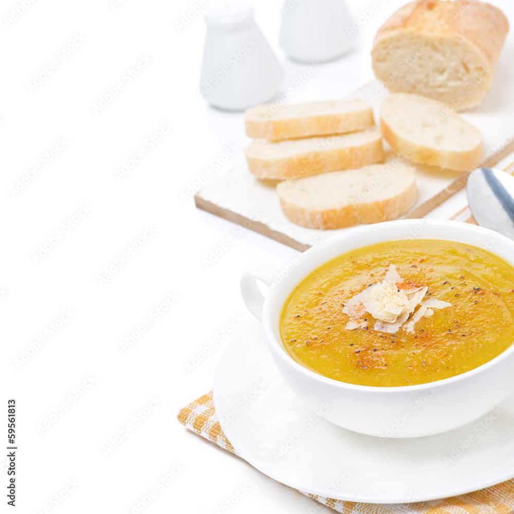 Cream soup of yellow lentils with vegetables, isolated Cream soup of yellow lentils with vegetables, isolated