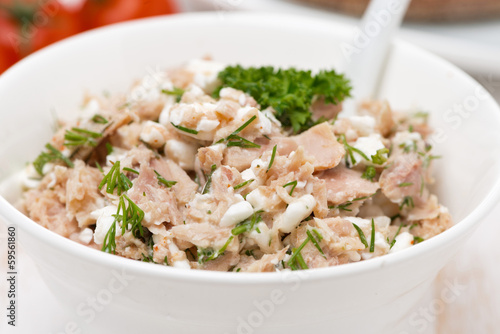 pate with tuna, homemade cheese and dill, close-up