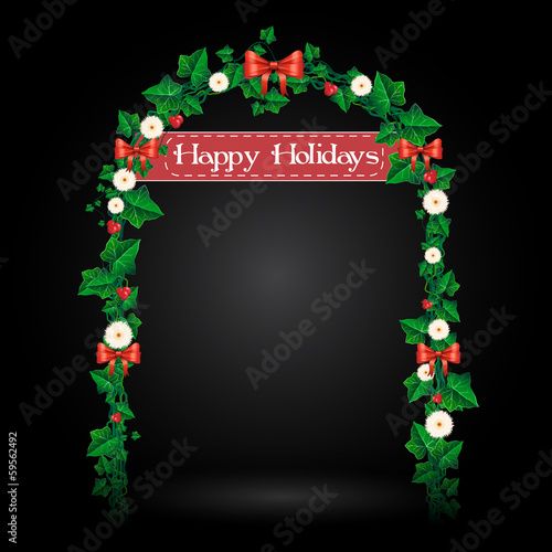 Holiday ivy gate illustration with flowers ribbons and red berry
