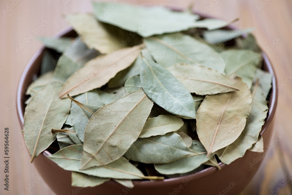 Close-up of a bowl full of dried bay leaves Close-up of a bowl full of dried bay leaves
