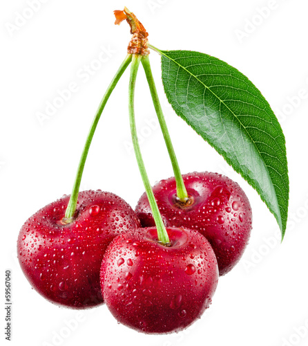 Cherry with drops isolated on white background