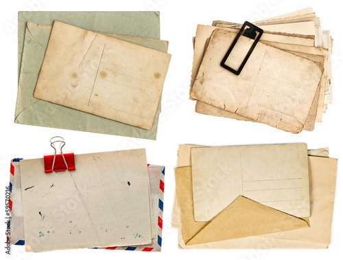 vintage letters and postcards isolated on white