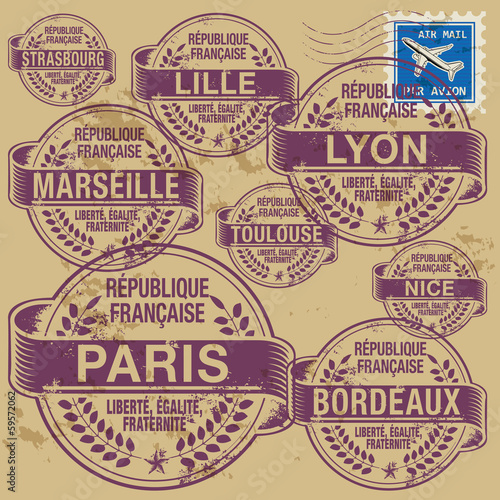 Stamp set with names of France cities, vector