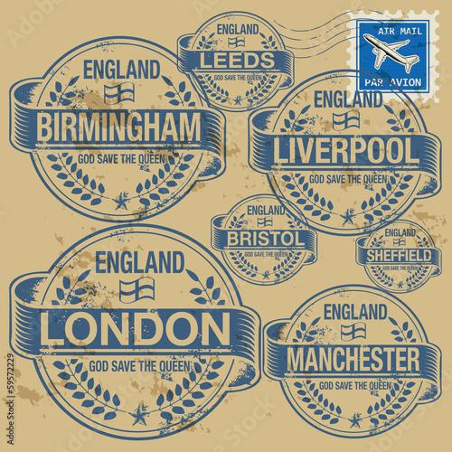 Stamp set with names of England cities, vector