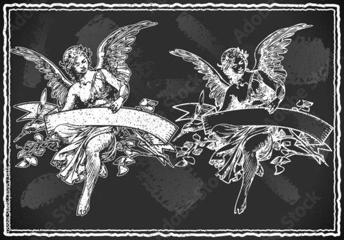 Angel with Holding a Banner on Vintage BlackBoard