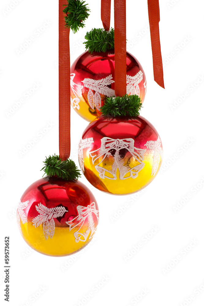 Christmas balls hanging on ribbon