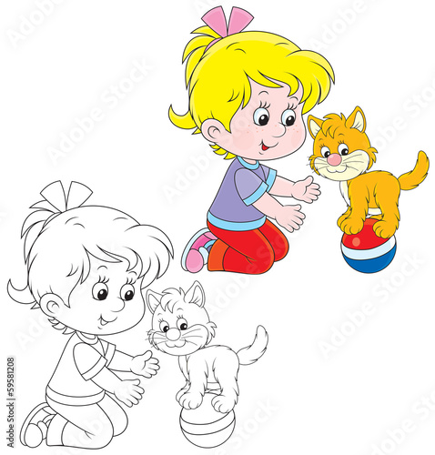 Little girl playing with her kitten