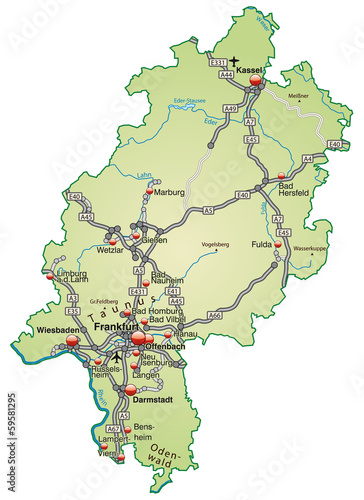 Hessen  mit Verkehrsnetz in Pastelgrün