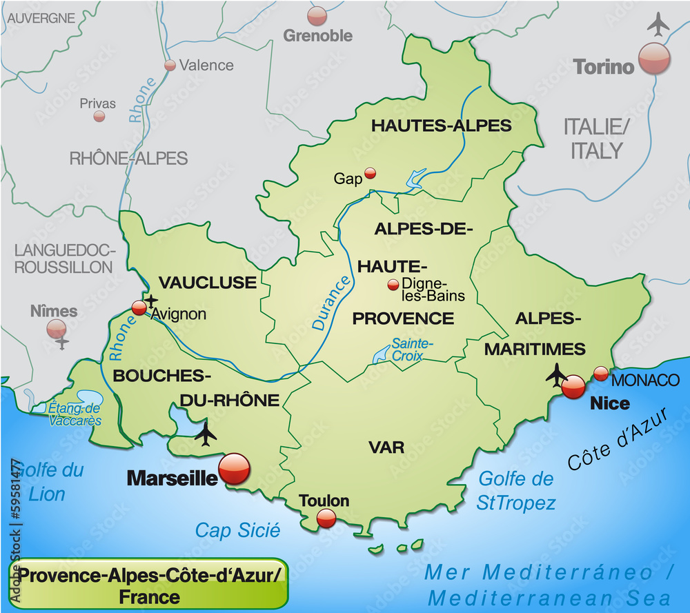 Provence-Alpes-Côte-d-Azur mit Grenzen in Pastelgrün