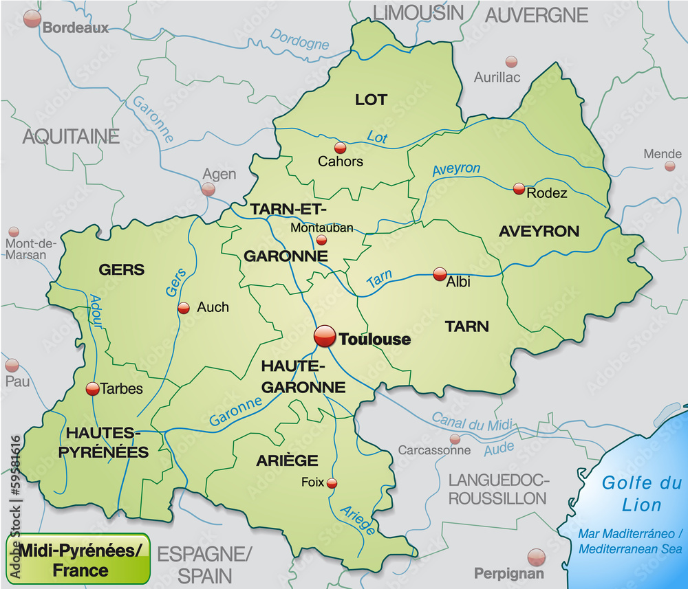 Midi-Pyrénées mit Grenzen in Pastelgrün