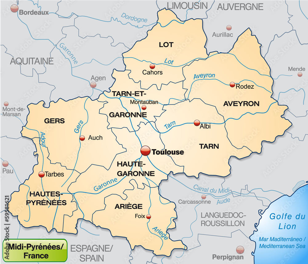 Midi-Pyrénées mit Grenzen in Pastelorange