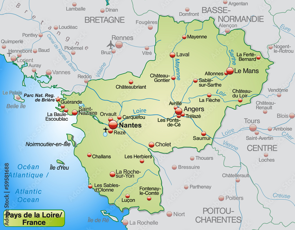 Pays-de-la-Loire als Übersichtskarte in Pastelgrün Pays-de-la-Loire als Übersichtskarte in Pastelgrün