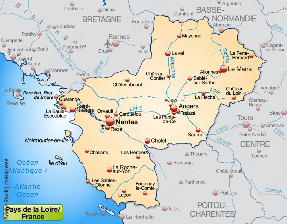 Pays-de-la-Loire als Übersichtskarte in Pastelorange
