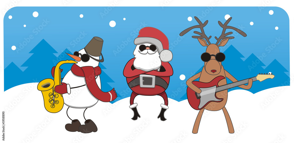 Fototapeta premium Christmas card with Santa, reindeer and snowman