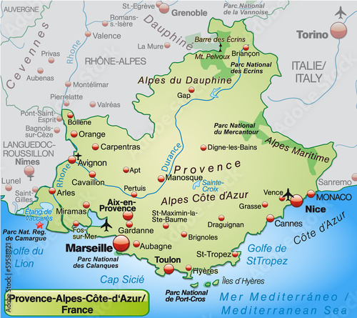 Provence-Alpes-Côte-d-Azur als Übersichtskarte in Pastelgrün