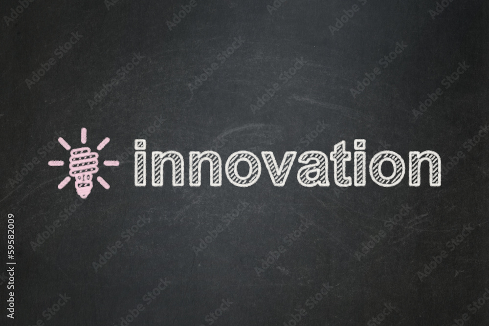 Obraz premium Finance concept: Energy Saving Lamp and Innovation on chalkboard