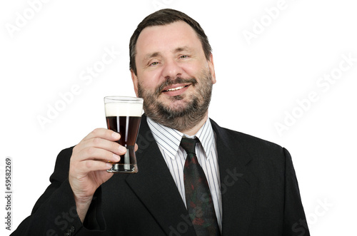 Bearded man inviting for dark beer fest