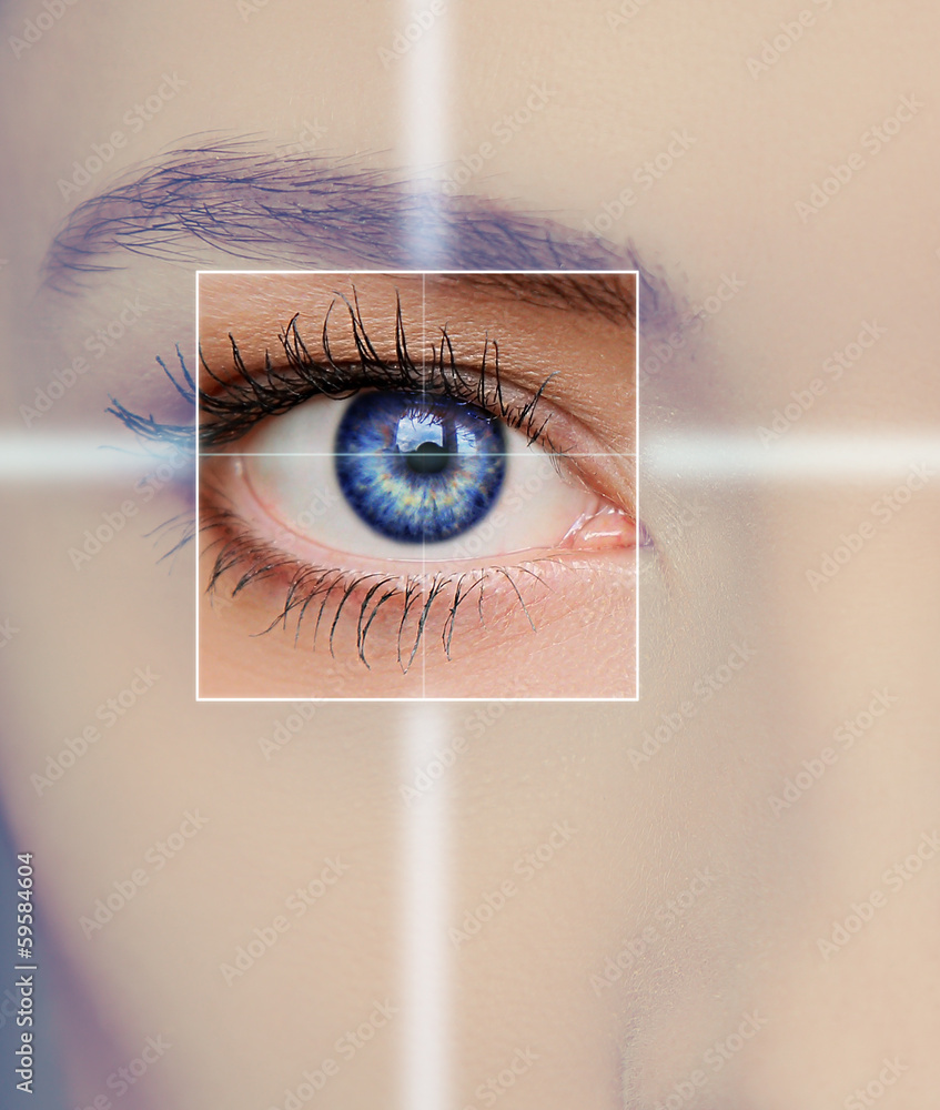 Fototapeta premium Eye technology, medicine and vision concept. Focus on woman eye