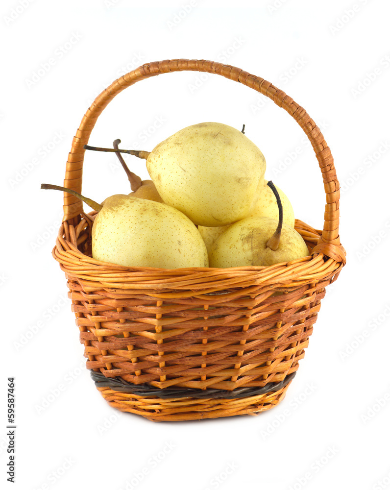 Many ripe yellow china pears in brown wicker basket isolated Many ripe yellow china pears in brown wicker basket isolated