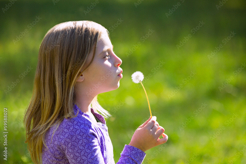 Blond kid girl blowing dandelion flower in green meadow Blond kid girl blowing dandelion flower in green meadow