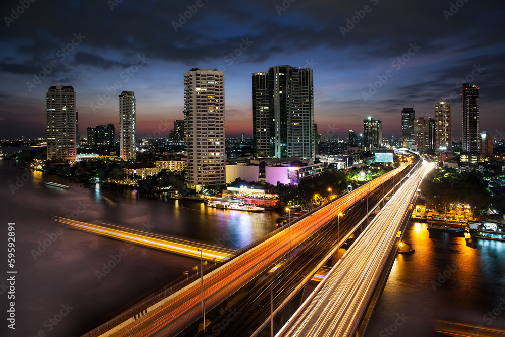 Traffic in modern city, Chao Phraya River,  Bangkok, Thailand.