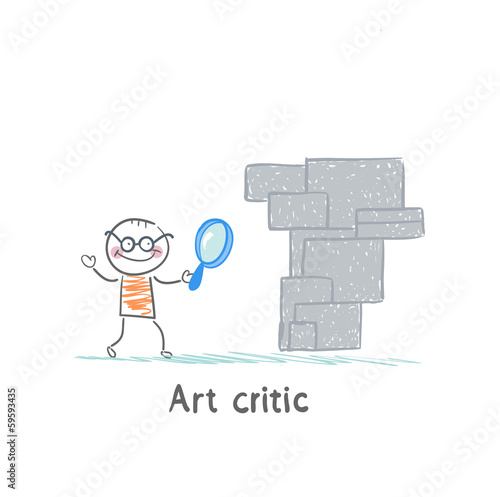 Art critic looks at the work of art through a magnifying glass