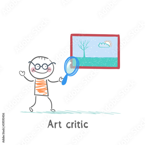 Art critic looks at the picture of a magnifying glass