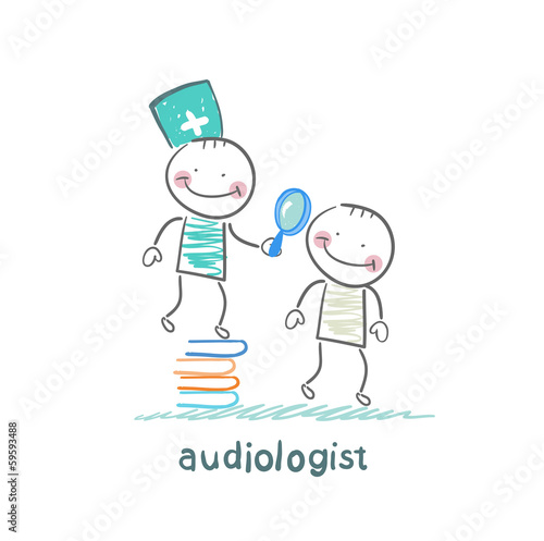 otolaryngologist stands on a pile of books and looking through a magnifying glass on the patient's ear