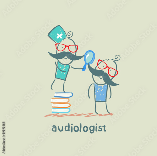 otolaryngologist stands on a pile of books and looking through a magnifying glass on the patient's ear