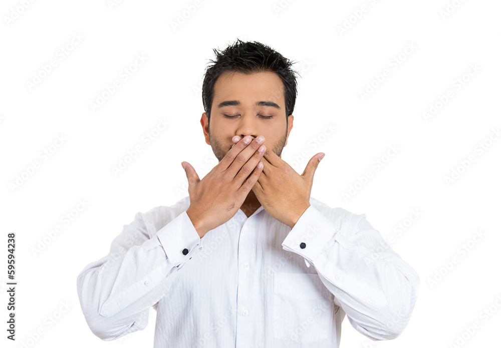 Man covering closed mouth. Speak no evil concept Man covering closed mouth. Speak no evil concept