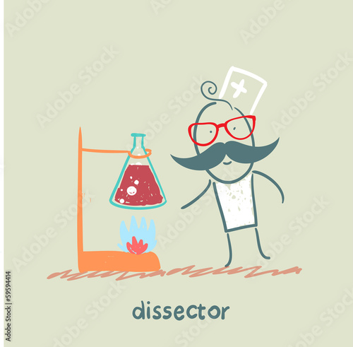 is standing next to flasks