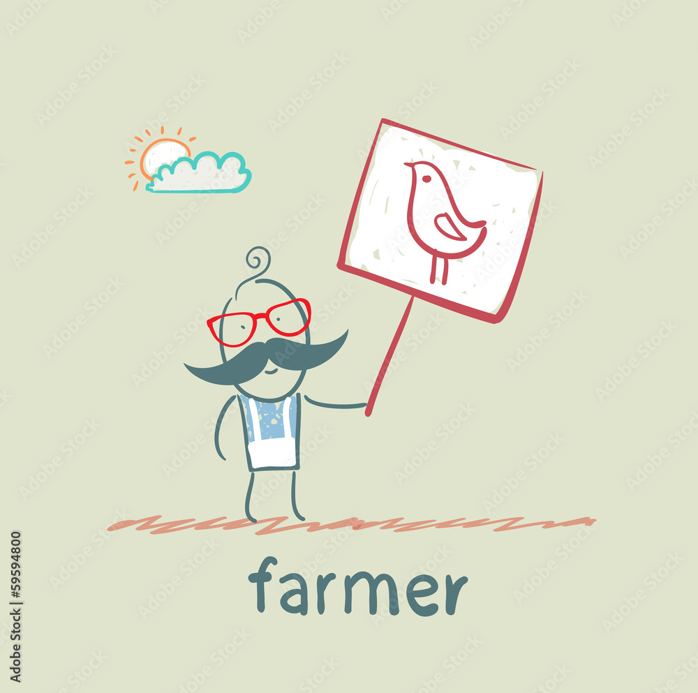 farmer holding a poster with chicken farmer holding a poster with chicken