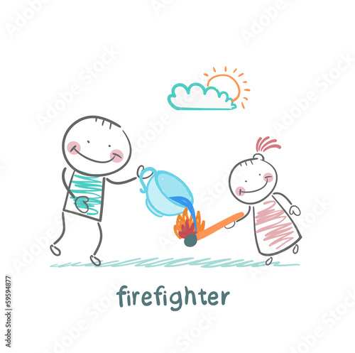firefighter sprays water on a burning stick out of the cup