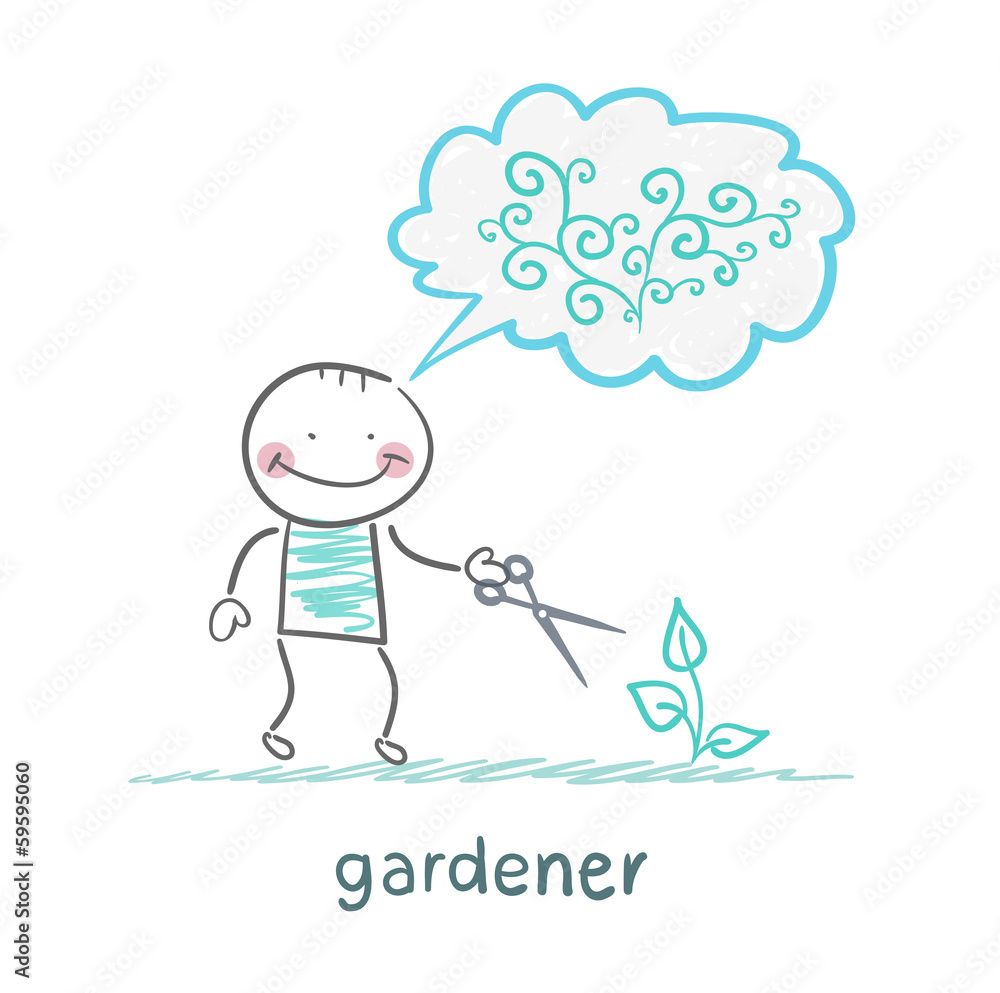 Gardener cuts a bush and think about the beautiful plants Gardener cuts a bush and think about the beautiful plants