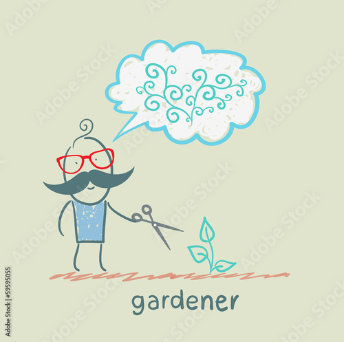 Gardener cuts a bush and think about the beautiful plants