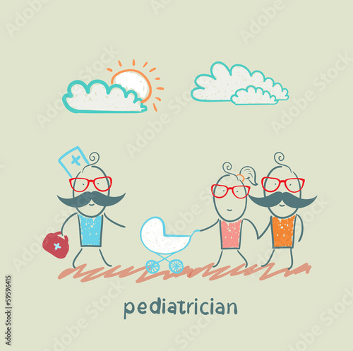 pediatrician came to the sick child in the stroller parents