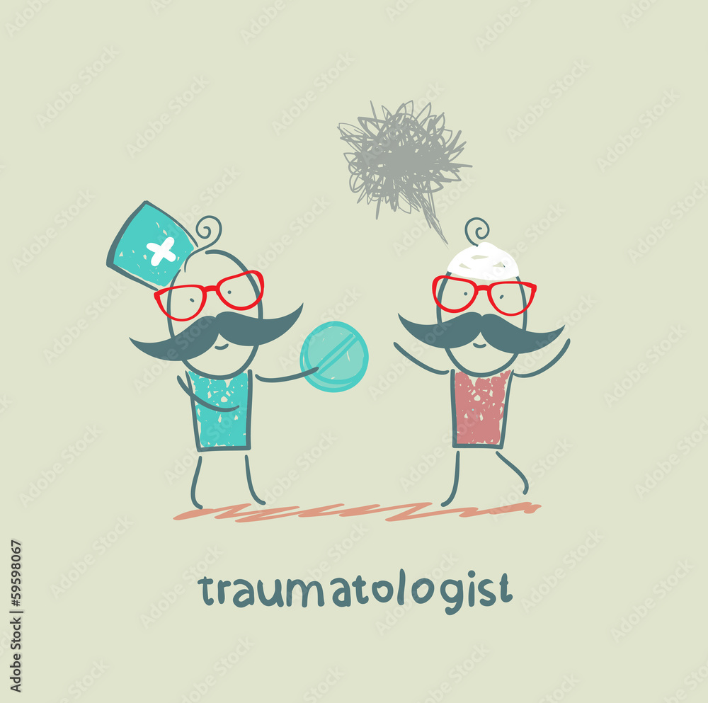 traumatologist giving pills to a patient with a head injury