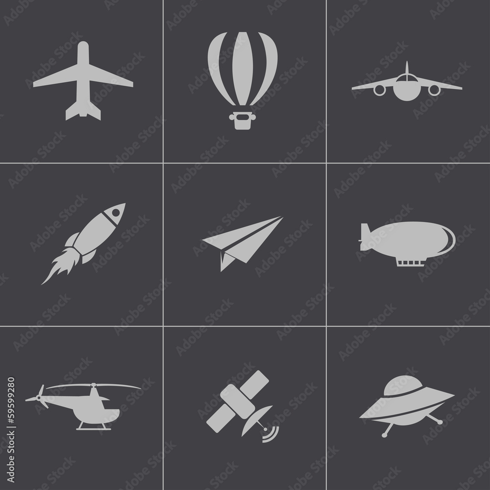 Obraz premium Vector black airplane icons set