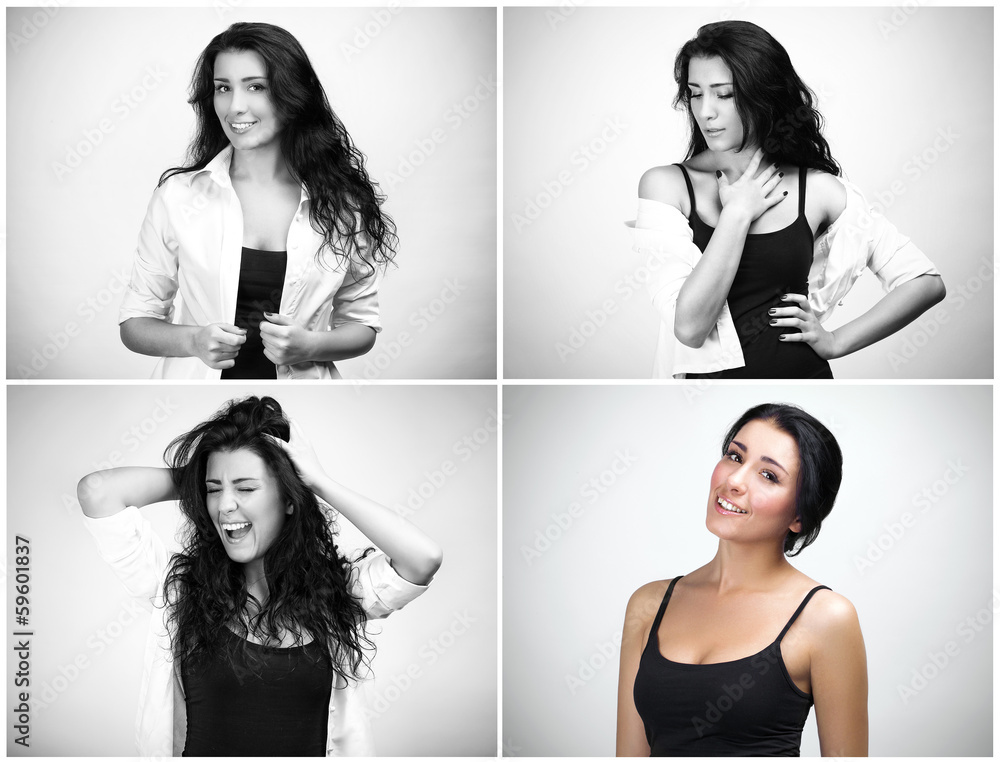 Set of portraits of woman with different emotions, one in color Set of portraits of woman with different emotions, one in color