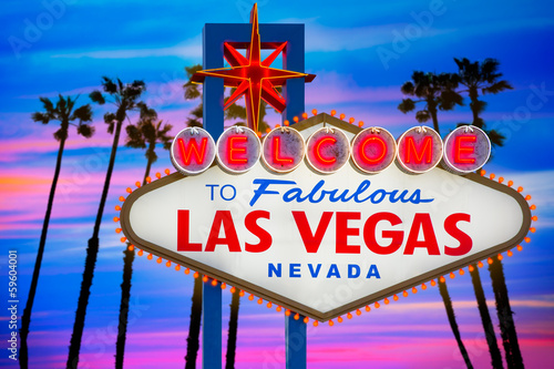 Welcome Fabulous Las Vegas sign sunset palm trees Nevada