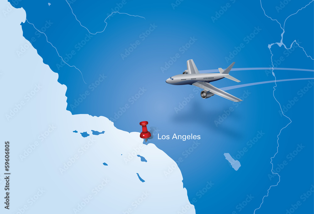 Naklejka premium plane over USA map. airplane flying to Los Angeles