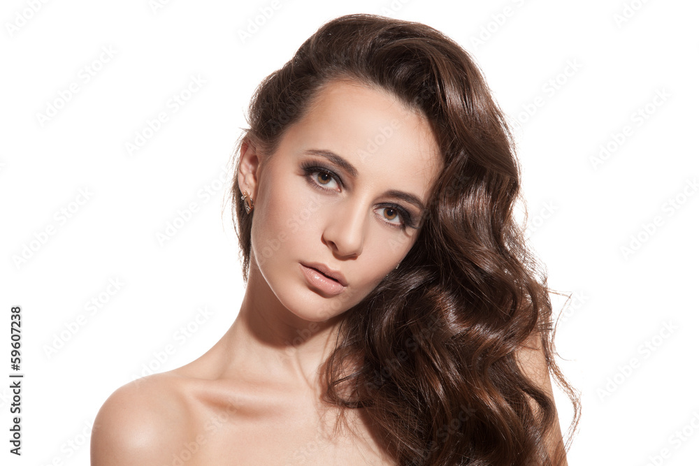 Beautiful Brunette Girl. Healthy Long Hair. White Background Beautiful Brunette Girl. Healthy Long Hair. White Background