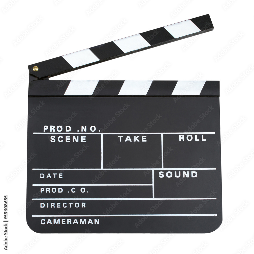 Movie production clapper board with copy space isolated on white