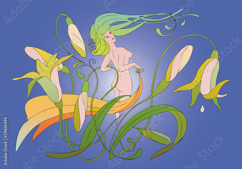 Fairy Nymph among the flowers of Narcissus. Pastel colors, vector illustration 