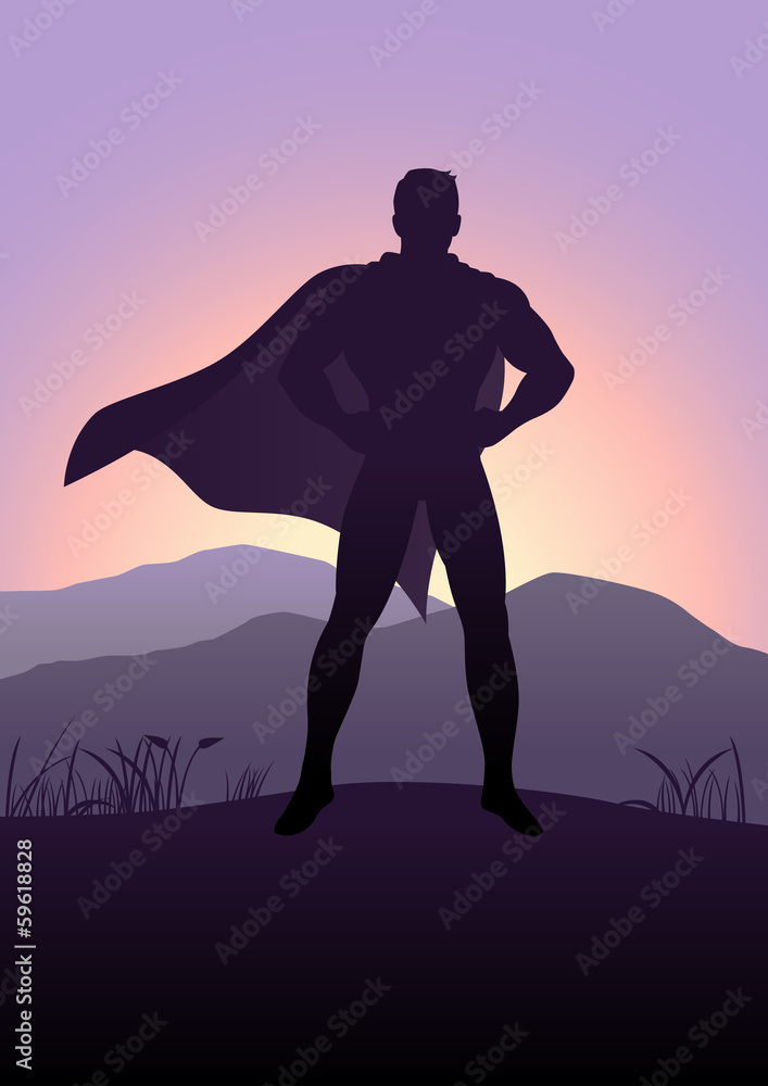 A superhero standing with mountain view as the background 