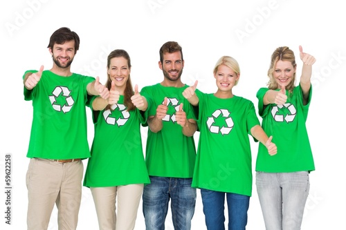 People in recycling symbol t-shirts gesturing thumbs up