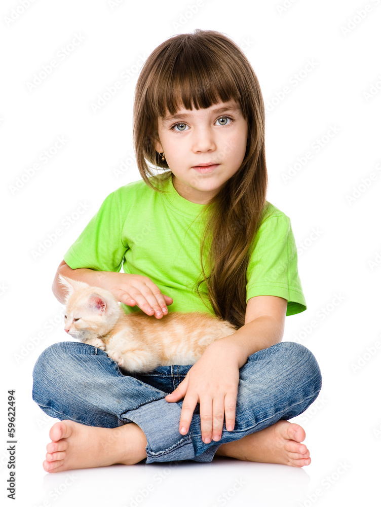 little girl stroking a kitten. isolated on white background little girl stroking a kitten. isolated on white background