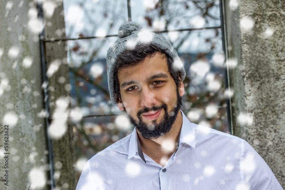 smiling beard man in snowfall smiling beard man in snowfall