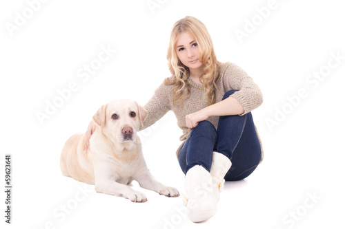 young woman sitting with dog isolated on white