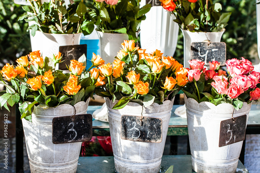 Obraz premium Colorful flowers in a flower shop on a market